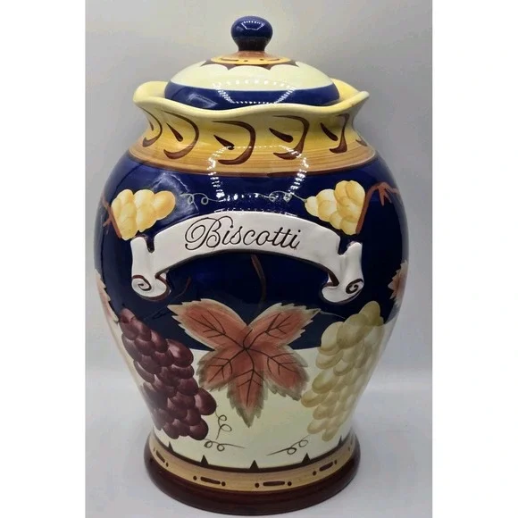Large Biscotti Ceramic Cookie Jar Canister for Nonni's Tuscan Fruit Design EUC - Picture 1 of 15